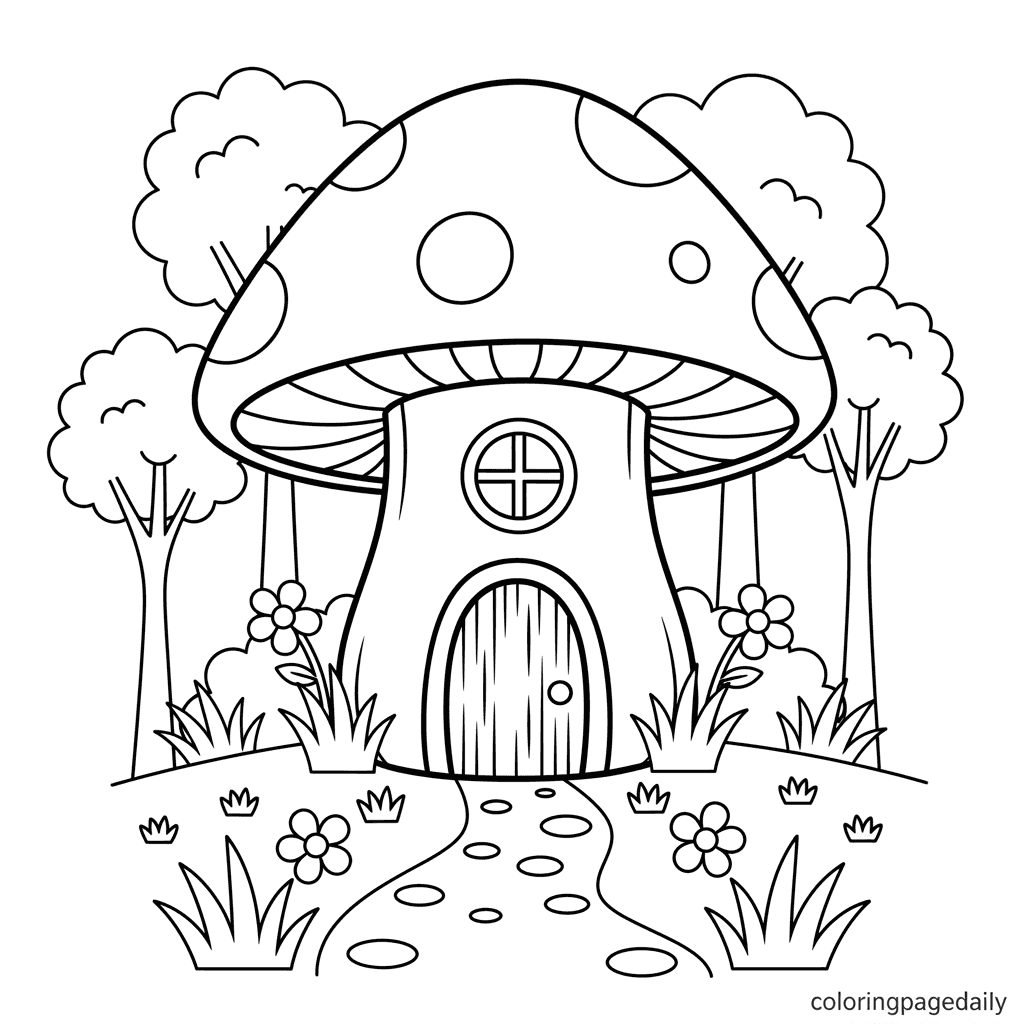 The Mushroom House in the Woods - Daily printable coloring page in Kids - Scenery category