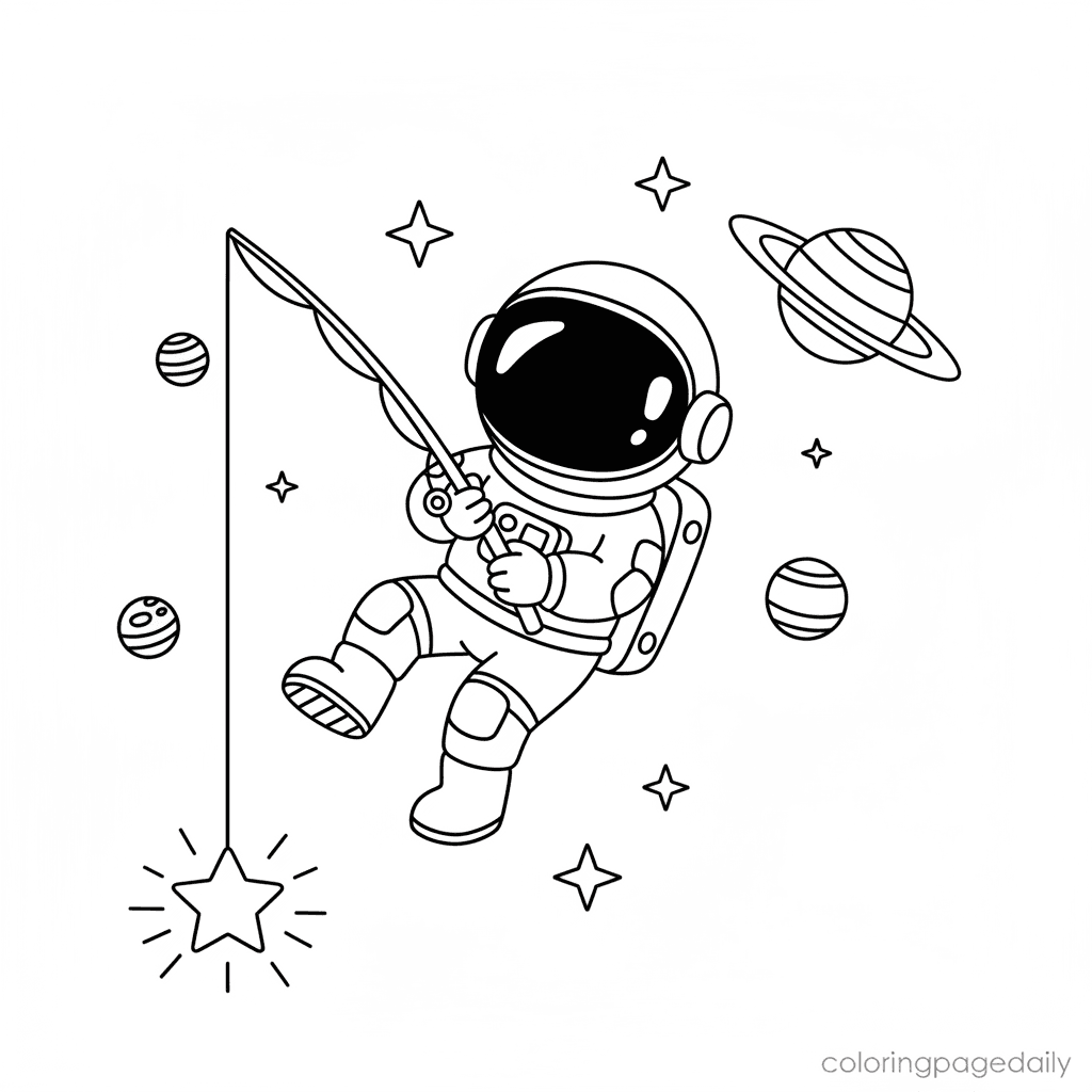 An Astronaut Gone Fishin' - Daily printable coloring page in Kids - Space category