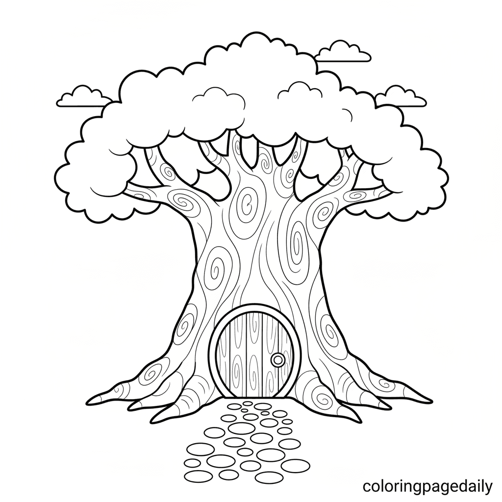 The Magical Treehouse Door - Daily printable coloring page in Kids - Scenery category