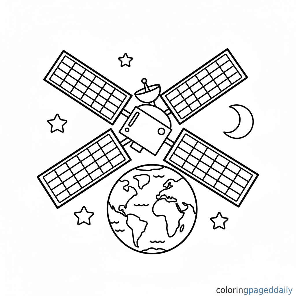 Satellite Over the Earth - Daily printable coloring page in Kids - Space category