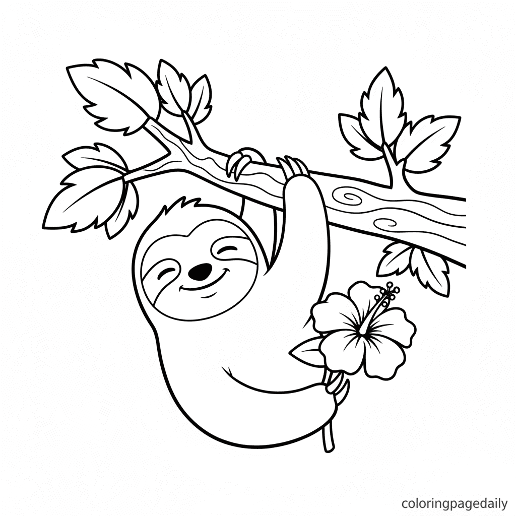 Hibiscus for a Sloth - Daily printable coloring page in Kids - Animals category