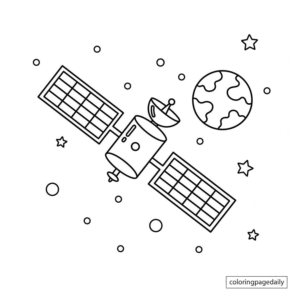 Satellite Soaring High - Daily printable coloring page in Kids - Space category