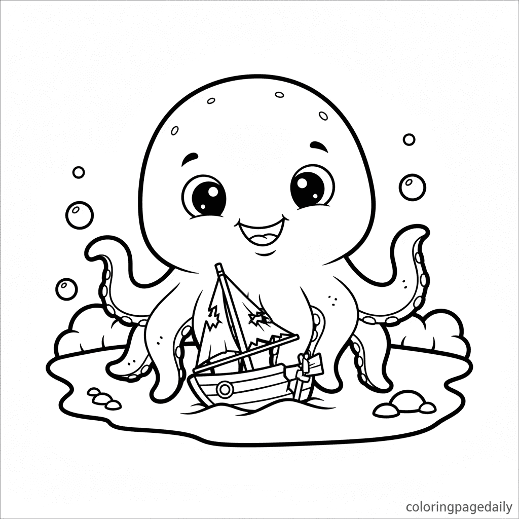 Baby Kraken's Favorite Toy - Daily printable coloring page in Kids - Mythical Creature category