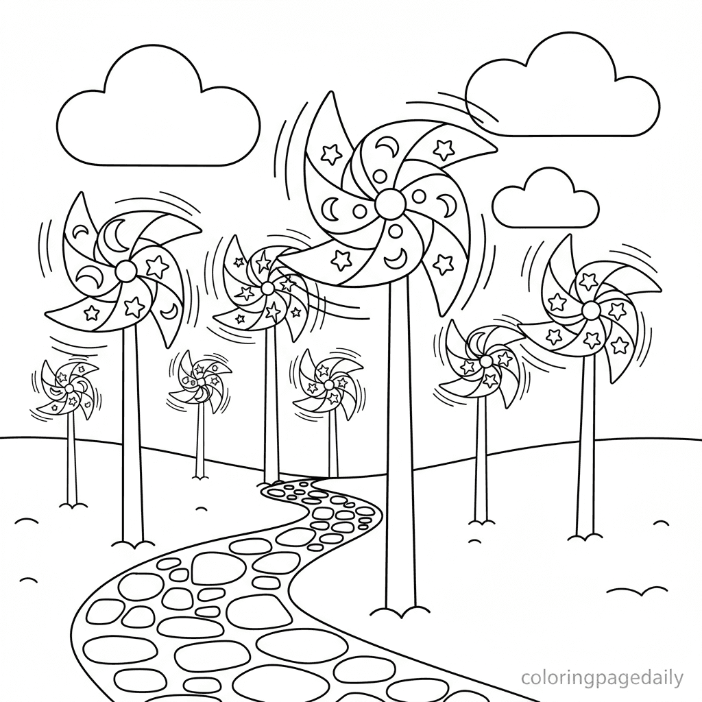 The Whimsical Pinwheel Meadow - Daily printable coloring page in Kids - Scenery category