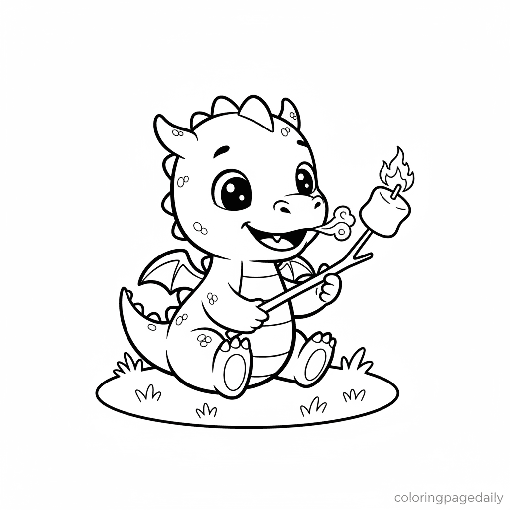 Dragon's Marshmallow Roast - Daily printable coloring page in Kids - Mythical Creature category