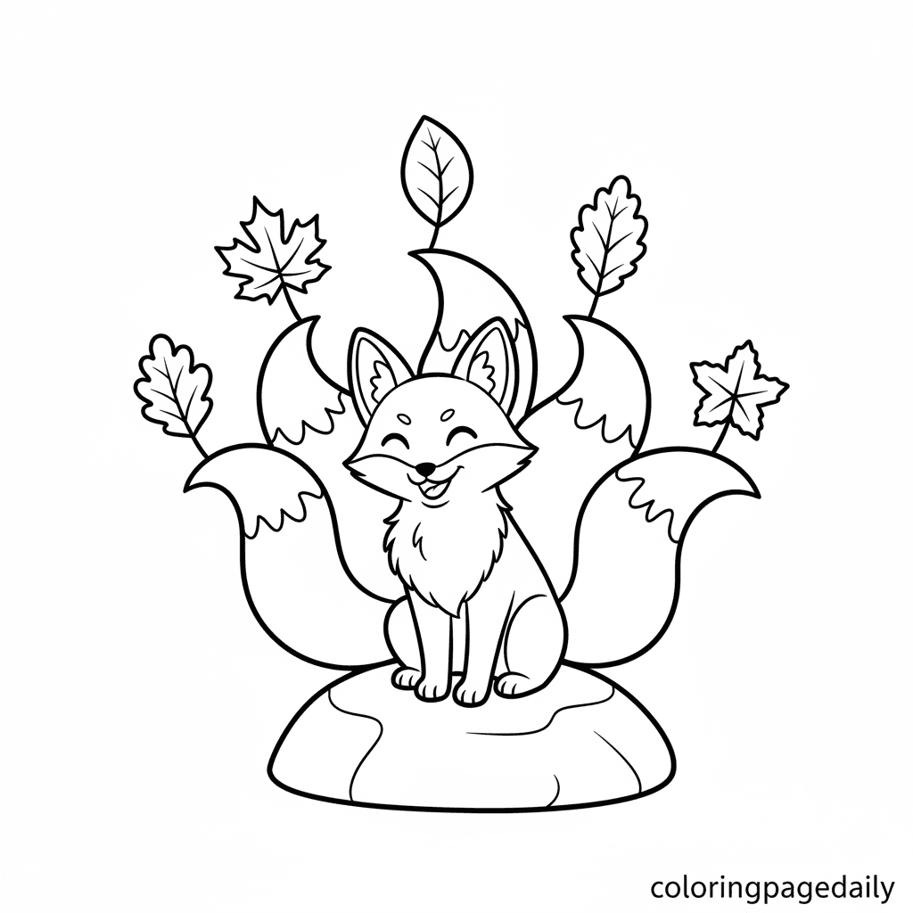 Kitsune's Leafy Balancing Act - Daily printable coloring page in Kids - Mythical Creature category