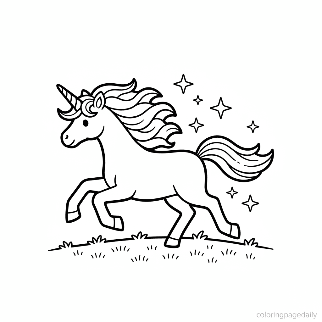Unicorn's Starry Gallop - Daily printable coloring page in Kids - Mythical Creature category