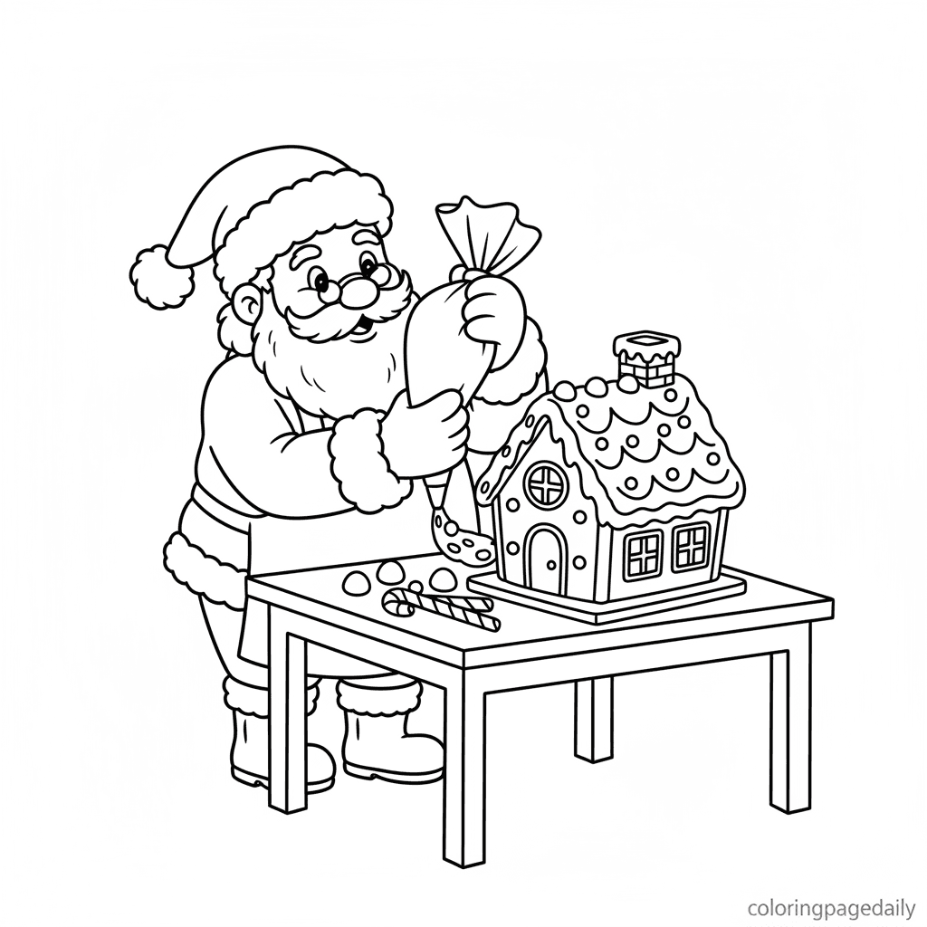 Santa Decorating a Gingerbread House - Daily printable coloring page in Kids - Christmas category