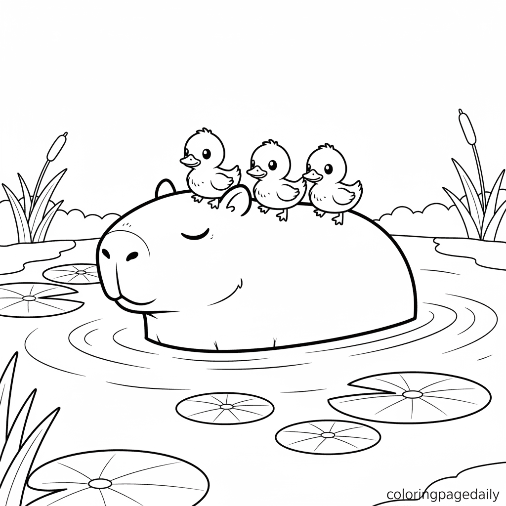 Capybara's Duckling Ferry - Daily printable coloring page in Kids - Animals category
