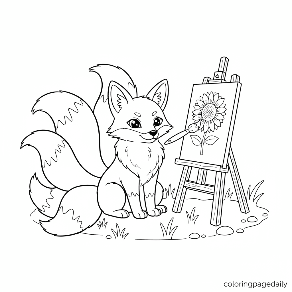 Kitsune Paints a Flower - Daily printable coloring page in Kids - Mythical Creature category
