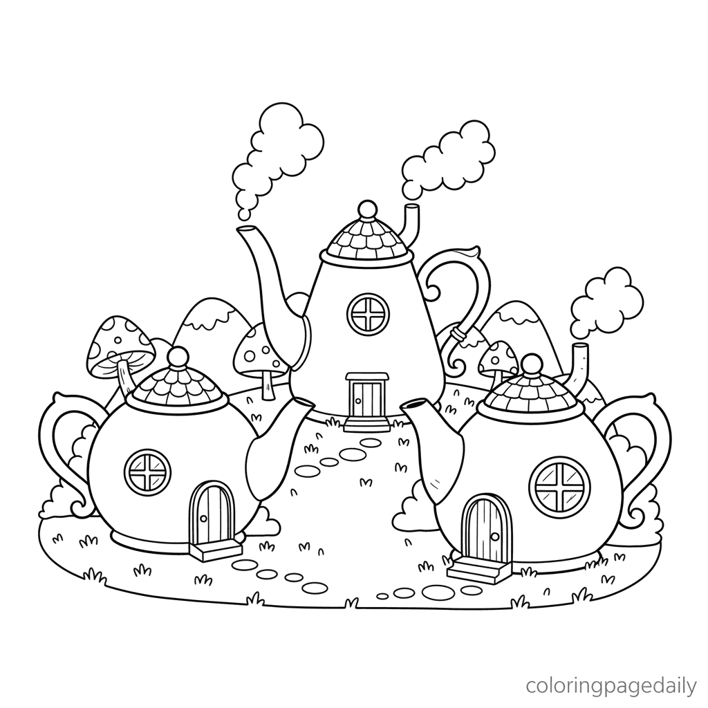 Whimsical Teapot Village - Daily printable coloring page in Kids - Scenery category