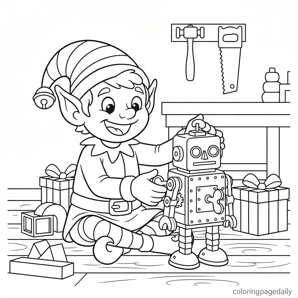 Elf Winding Up a Toy Robot - Daily printable coloring page in Kids - Christmas category