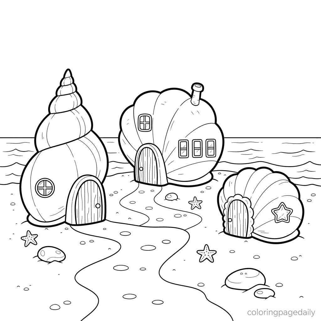 The Magical Seashell Village - Daily printable coloring page in Kids - Scenery category