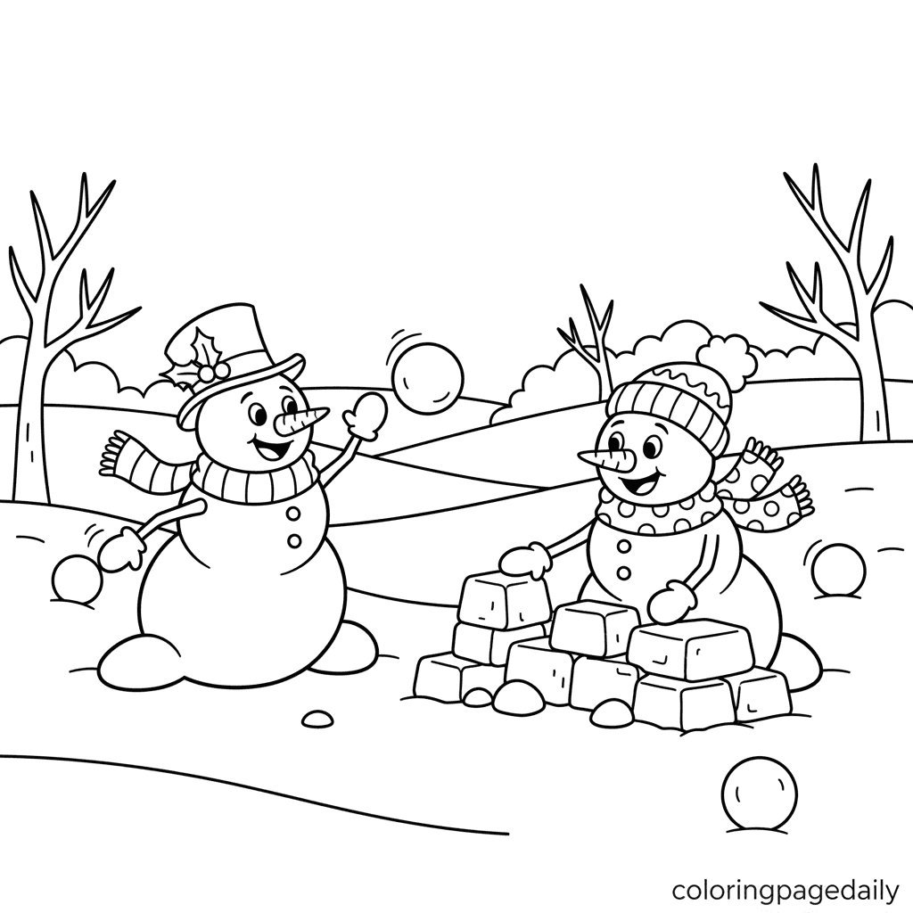 Snowmen's Friendly Snowball Fight - Daily printable coloring page in Kids - Christmas category