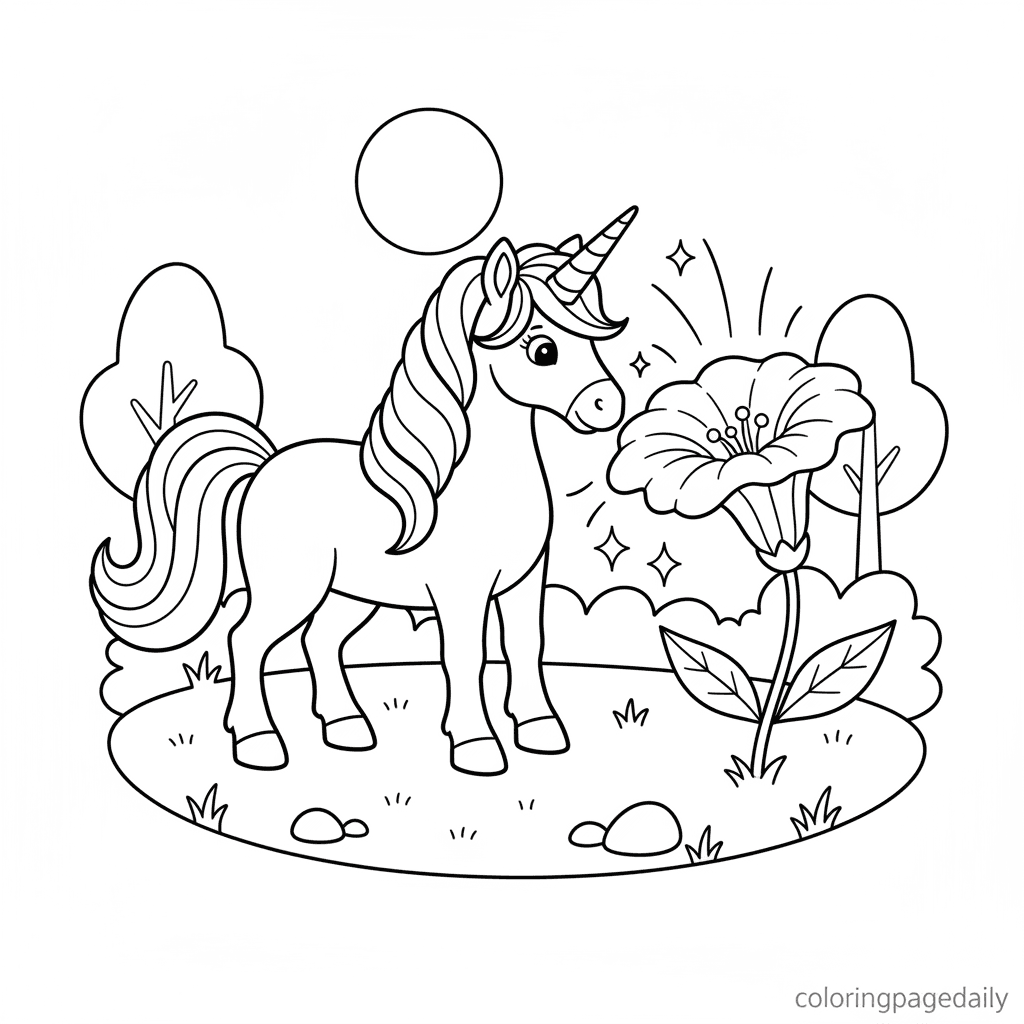 Unicorn's Magical Glowing Flower - Daily printable coloring page in Kids - Mythical Creature category