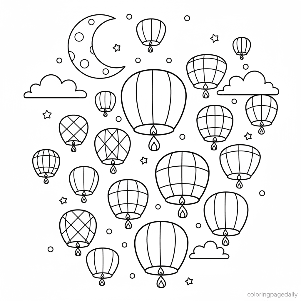 Magical Floating Lantern Sky - Daily printable coloring page in Kids - Scenery category