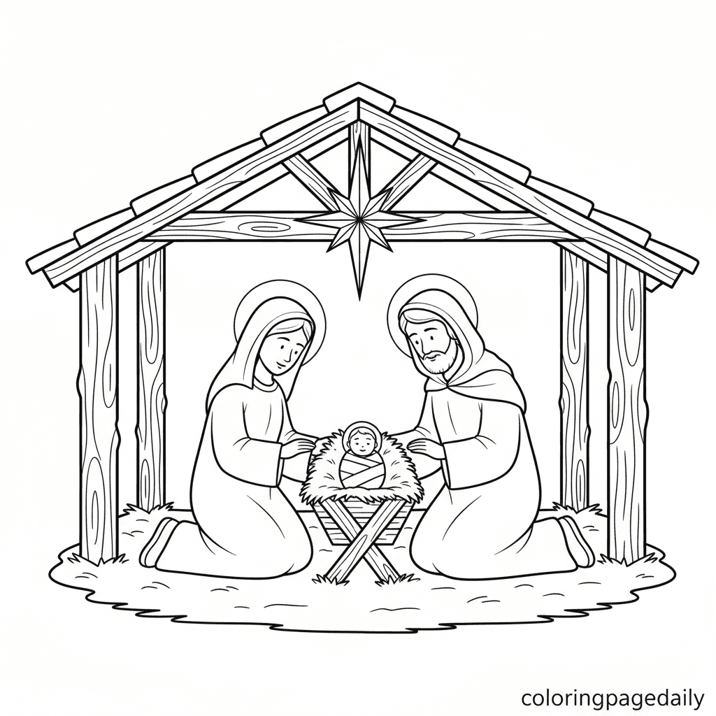 Peaceful Christmas Nativity Scene - Daily printable coloring page in Kids - Christmas category