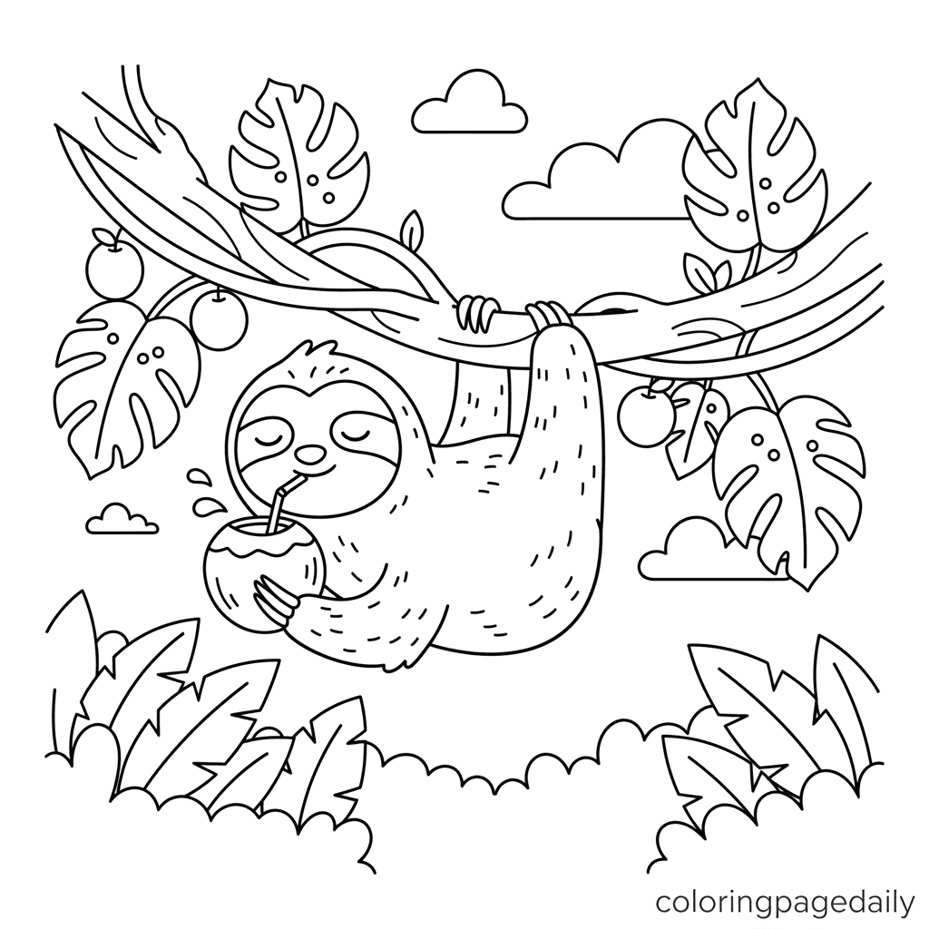 Sleepy Sloth's Coconut Drink - Daily printable coloring page in Kids - Animals category