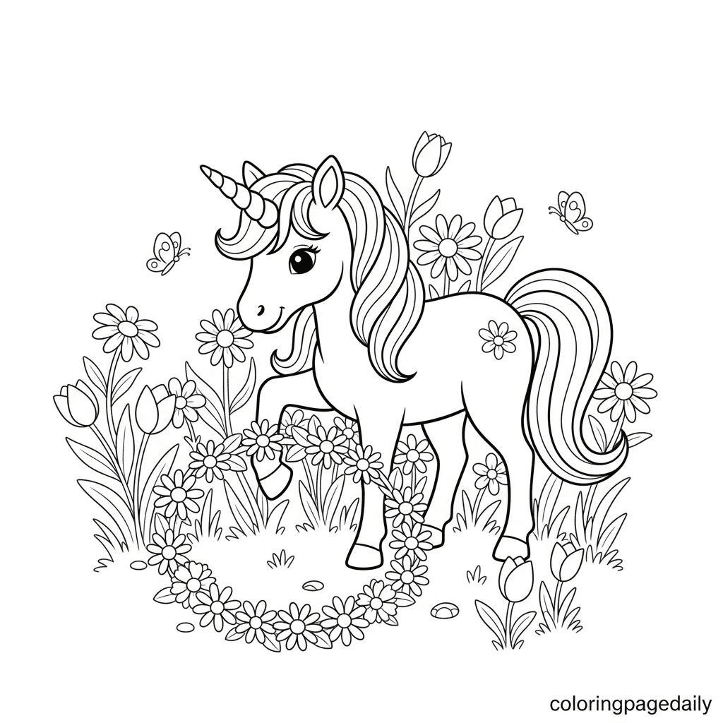 Unicorn Weaving a Flower Crown - Daily printable coloring page in Kids - Mythical Creature category