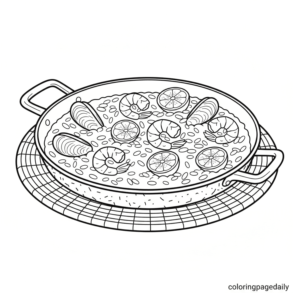 A Pan of Spanish Paella - Daily printable coloring page in Kids - Food category