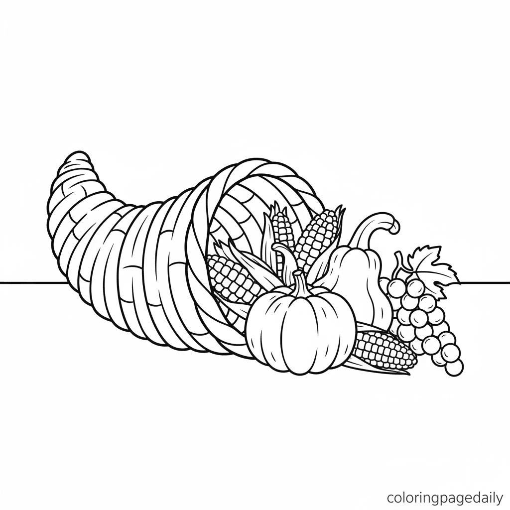 Cornucopia's Autumn Harvest - Daily printable coloring page in Kids - Thanksgiving category