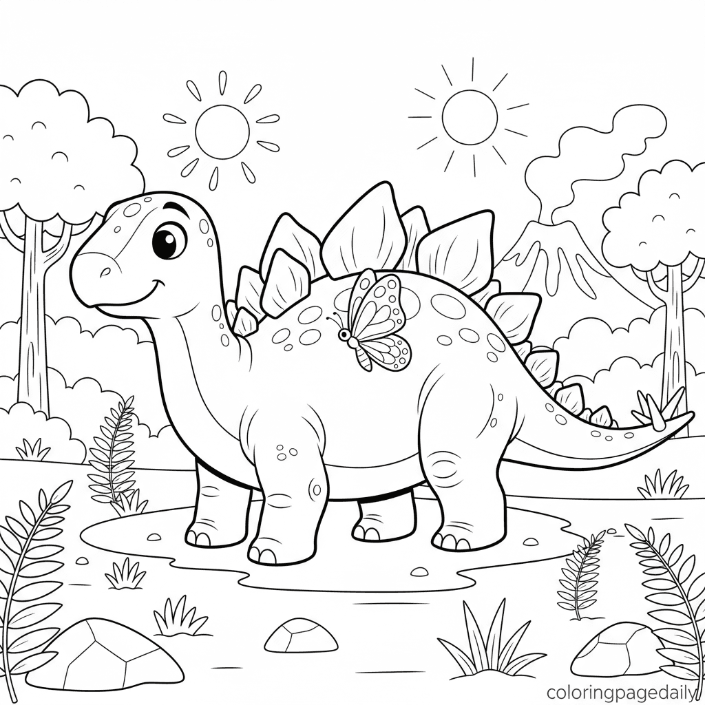 Stegosaurus and the Butterfly - Daily printable coloring page in Kids - Dinosaur category