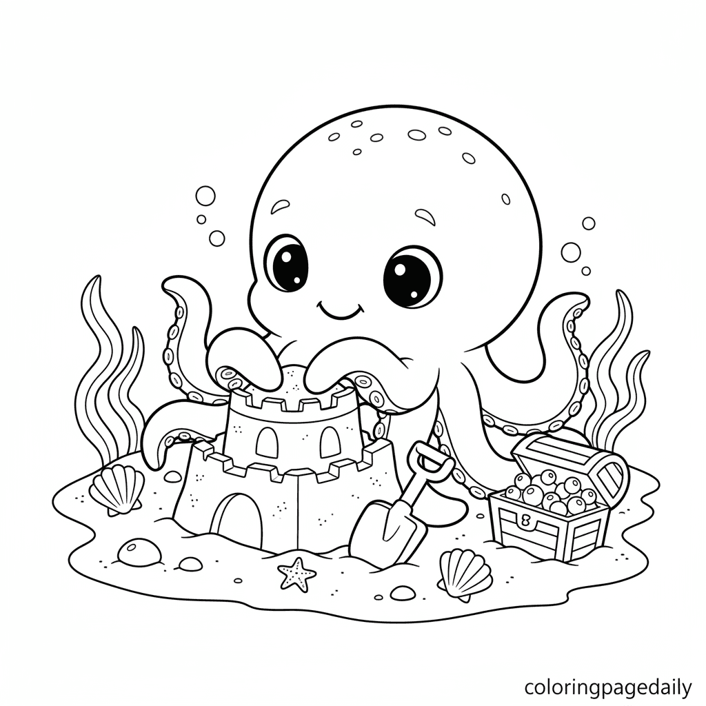 Baby Kraken Builds a Sandcastle - Daily printable coloring page in Kids - Mythical Creature category