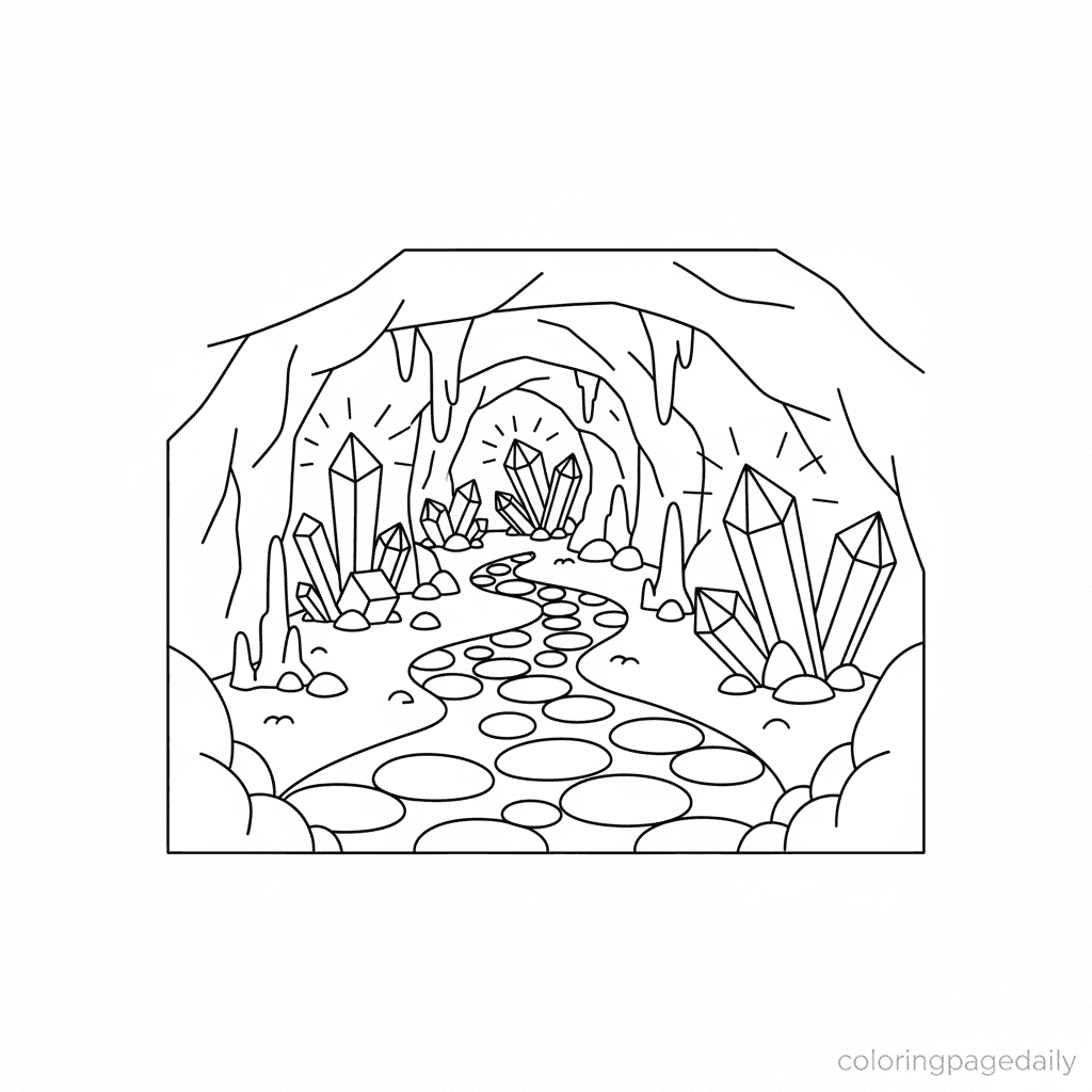 The Glowing Crystal Cave Path - Daily printable coloring page in Kids - Scenery category