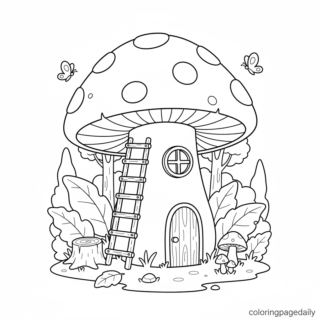 The Magical Mushroom House - Daily printable coloring page in Kids - Scenery category