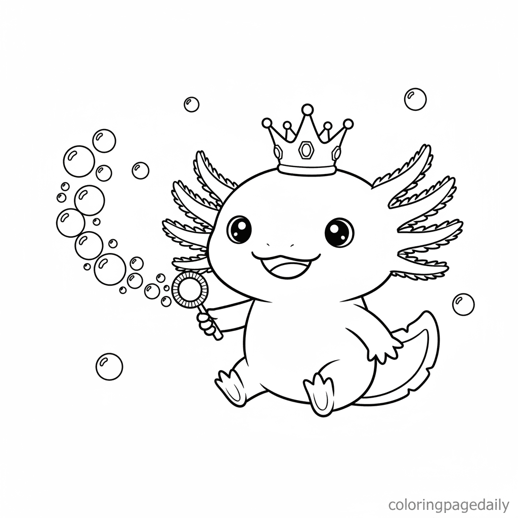 Axolotl Blowing Royal Bubbles - Daily printable coloring page in Kids - Animals category