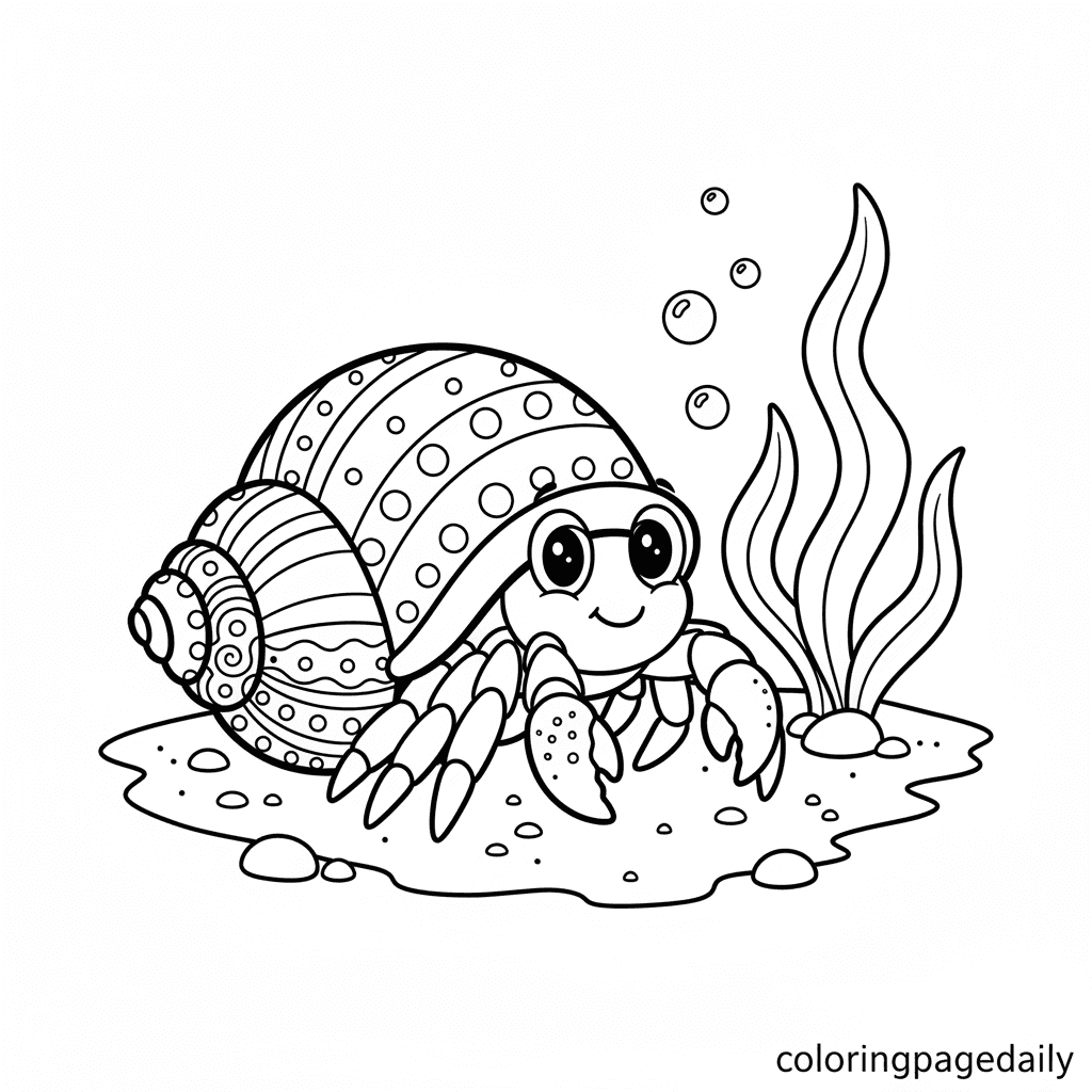 Hermit Crab Peeks from Shell - Daily printable coloring page in Kids - Ocean and Underwater Life category