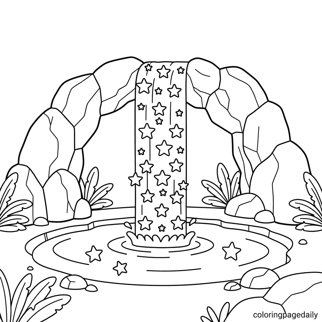 Magical Falling Star Waterfall - Daily printable coloring page in Kids - Scenery category