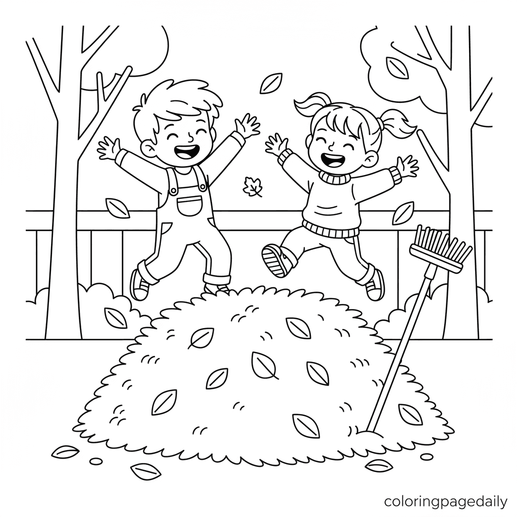 Kids Jumping in a Leaf Pile - Daily printable coloring page in Kids - Thanksgiving category