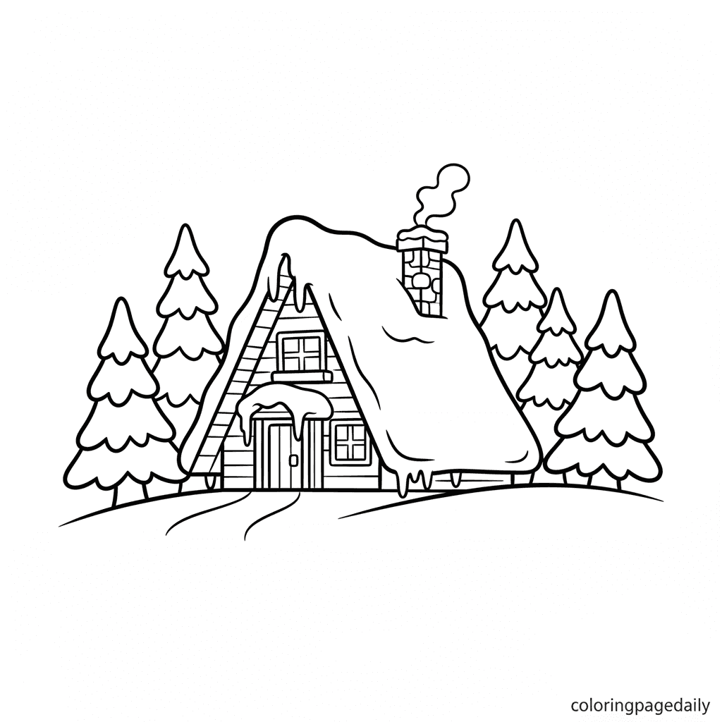 Cozy Cabin in the Snowy Woods - Daily printable coloring page in Kids - Winter and Snow Season category