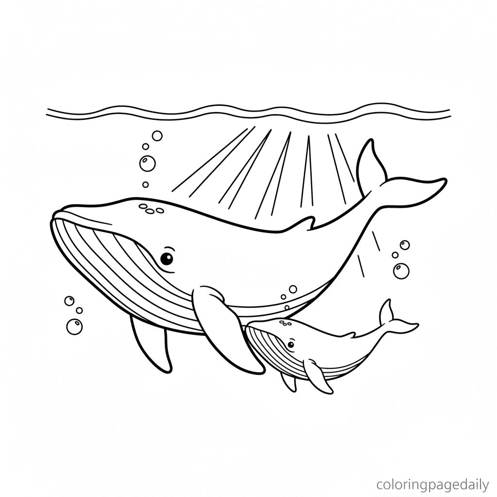 Whale and Calf Swimming Together - Daily printable coloring page in Kids - Ocean and Underwater Life category
