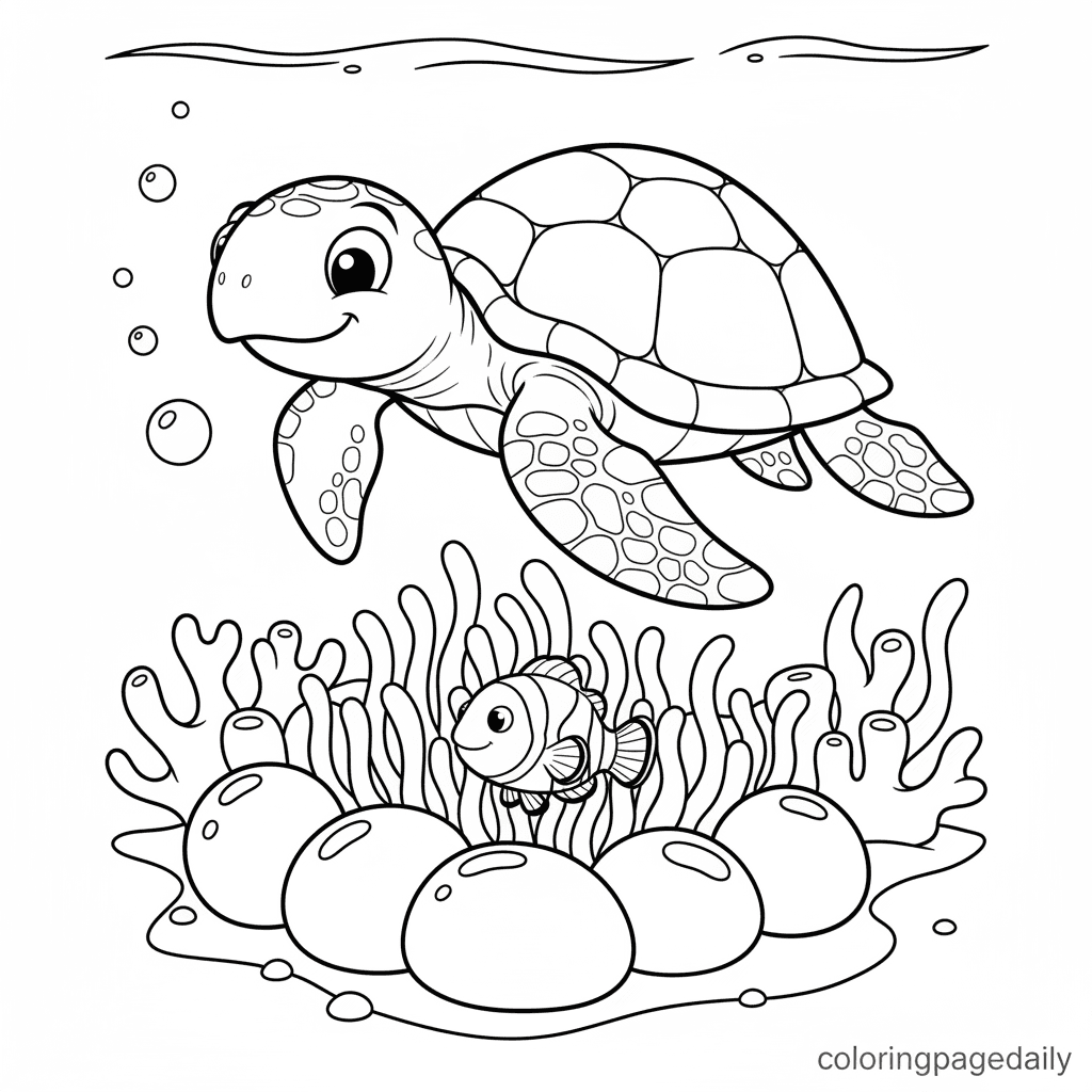 Sea Turtle Swims Past Anemone - Daily printable coloring page in Kids - Ocean and Underwater Life category