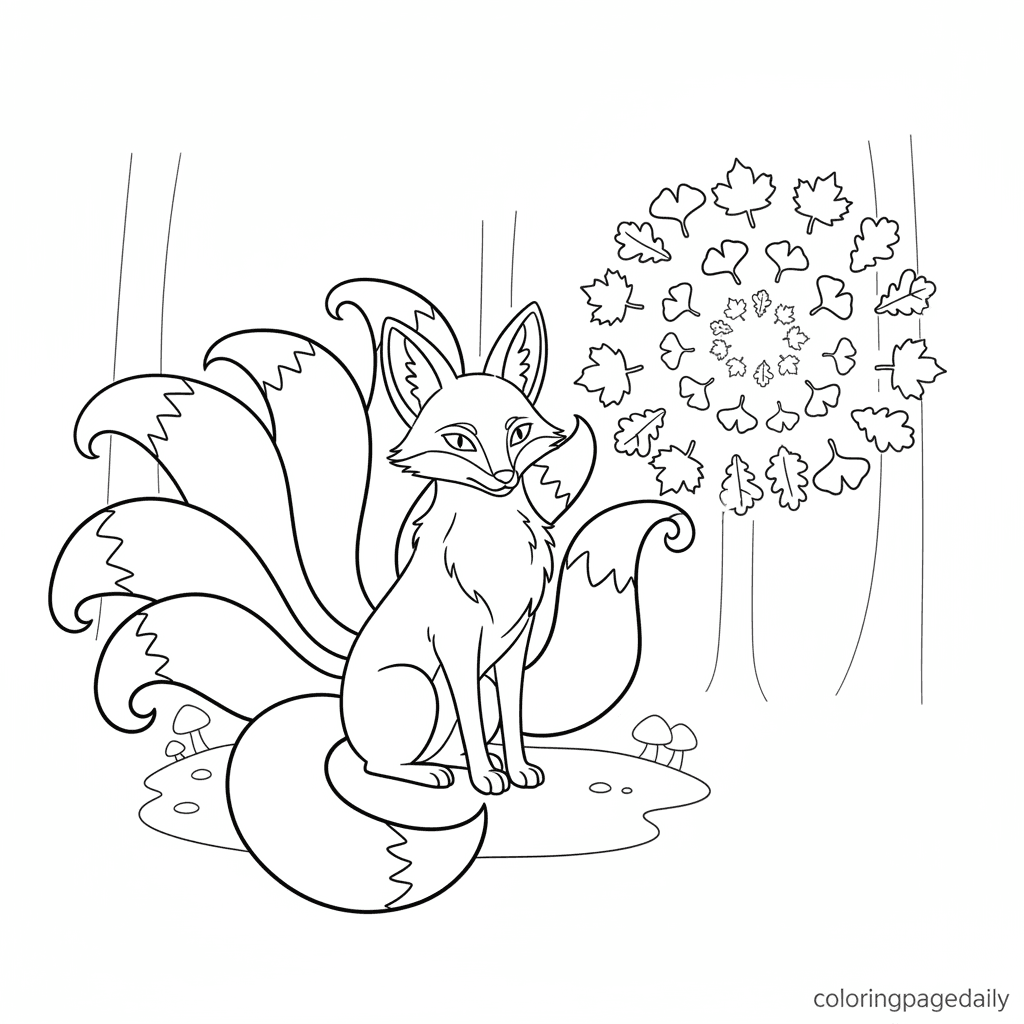 Kitsune's Magical Autumn Swirl - Daily printable coloring page in Kids - Mythical Creature category