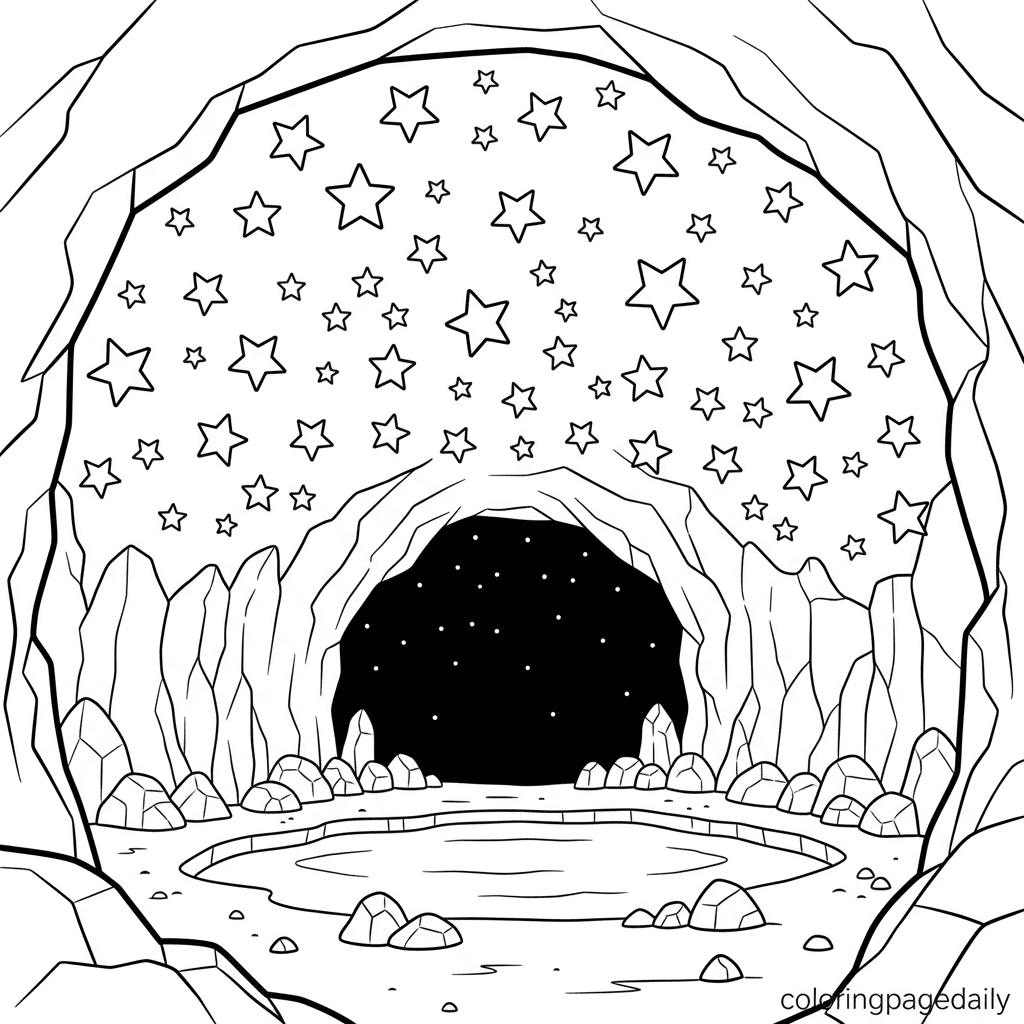 The Magical Starry Crystal Cave - Daily printable coloring page in Kids - Scenery category