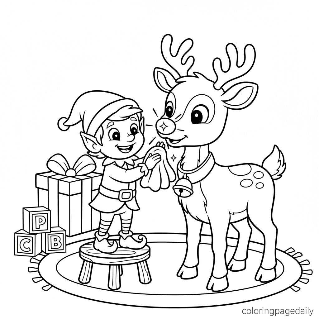 Elf Polishing Rudolph's Nose - Daily printable coloring page in Kids - Christmas category