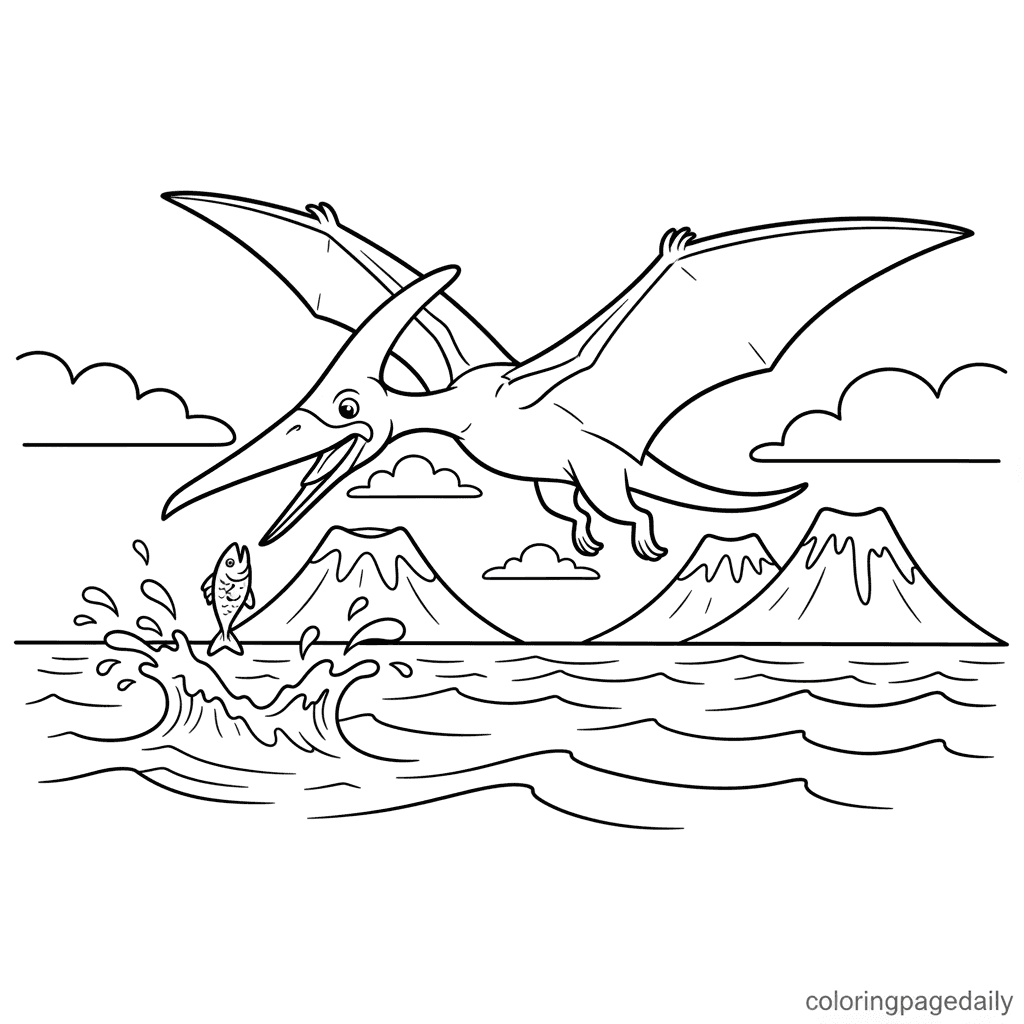 Pteranodon Catching a Fish - Daily printable coloring page in Kids - Dinosaur category
