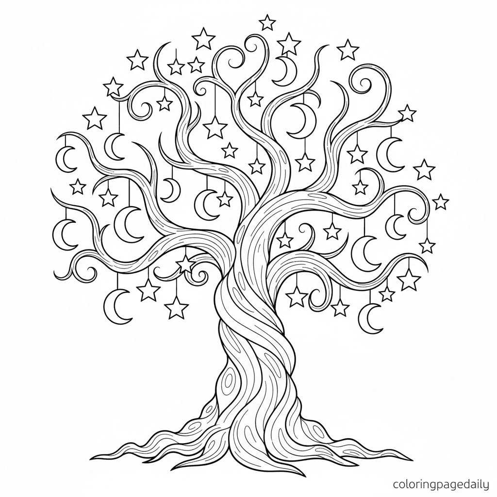 The Magical Celestial Tree - Daily printable coloring page in Kids - Scenery category
