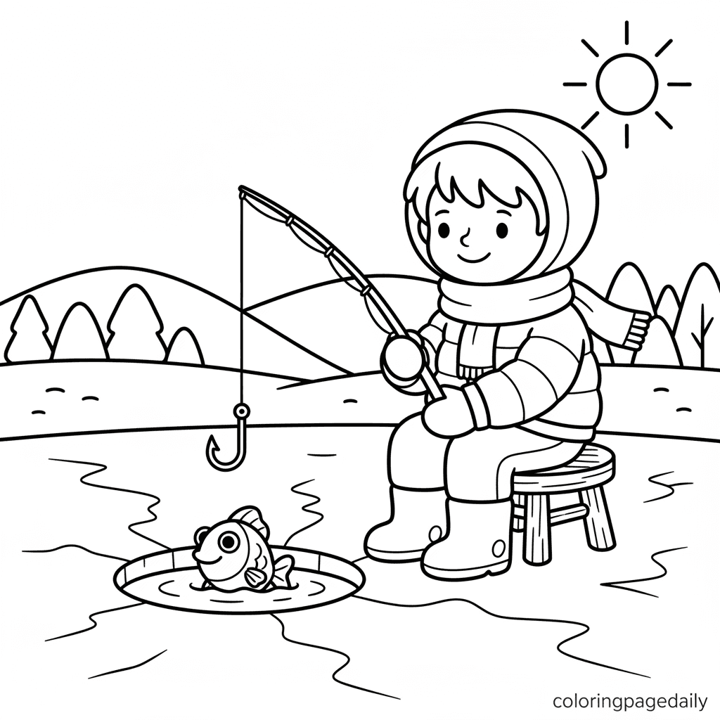 Child's First Ice Fishing Trip - Daily printable coloring page in Kids - Winter and Snow Season category