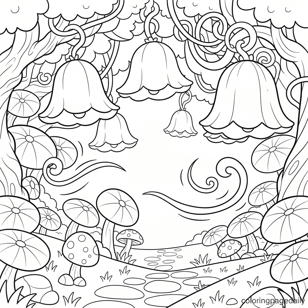 Magical Bell-Flower Forest - Daily printable coloring page in Kids - Scenery category