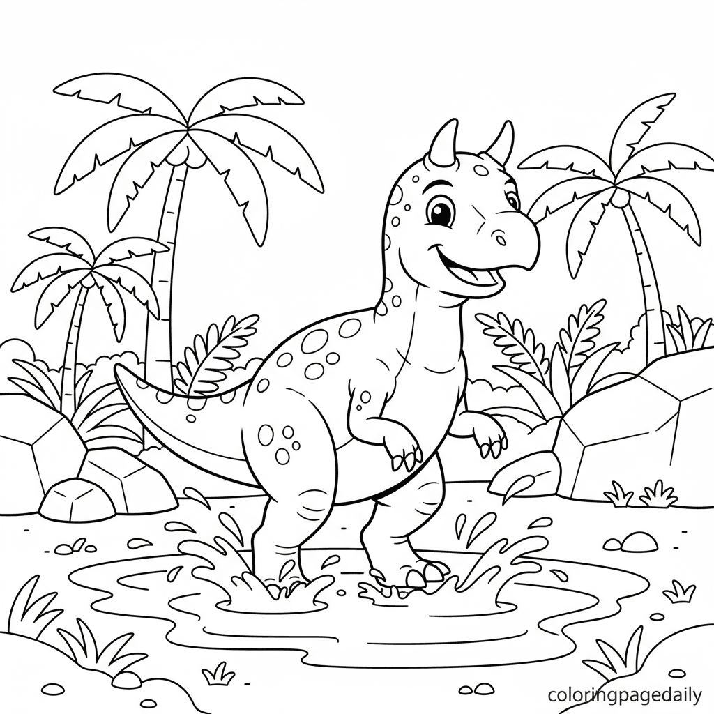 Carnotaurus Stomps in a Puddle - Daily printable coloring page in Kids - Dinosaur category