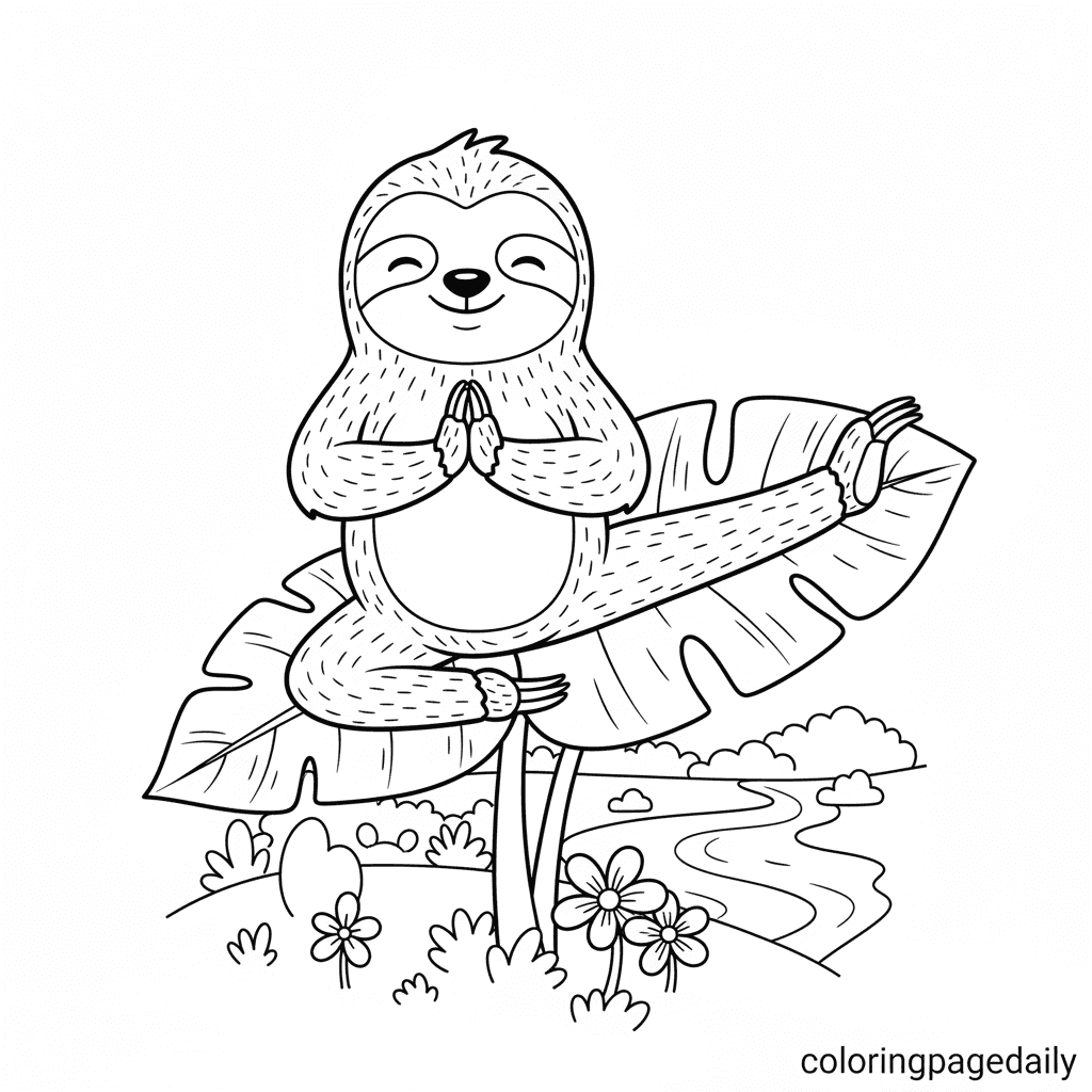 Calm Sloth Doing Yoga - Daily printable coloring page in Kids - Animals category
