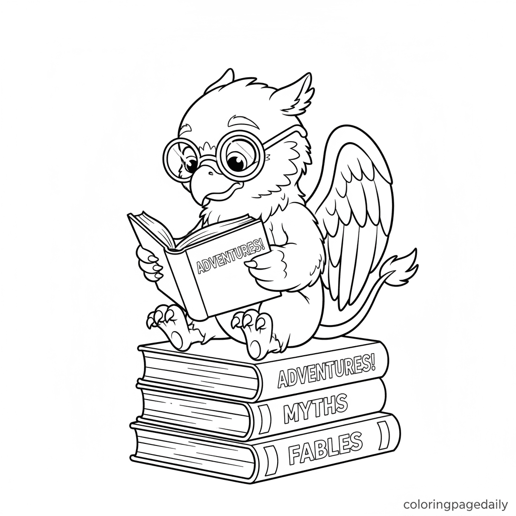 Griffin Reading a Big Book - Daily printable coloring page in Kids - Mythical Creature category