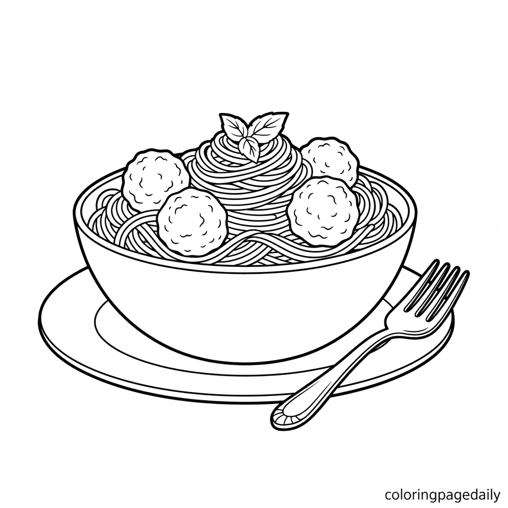 Classic Spaghetti and Meatballs - Daily printable coloring page in Kids - Food category
