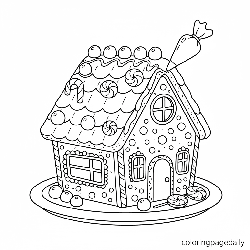 Decorating a Gingerbread House - Daily printable coloring page in Kids - Christmas category