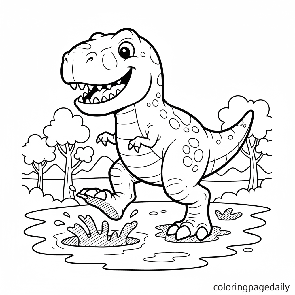T-Rex Making Big Footprints - Daily printable coloring page in Kids - Dinosaur category