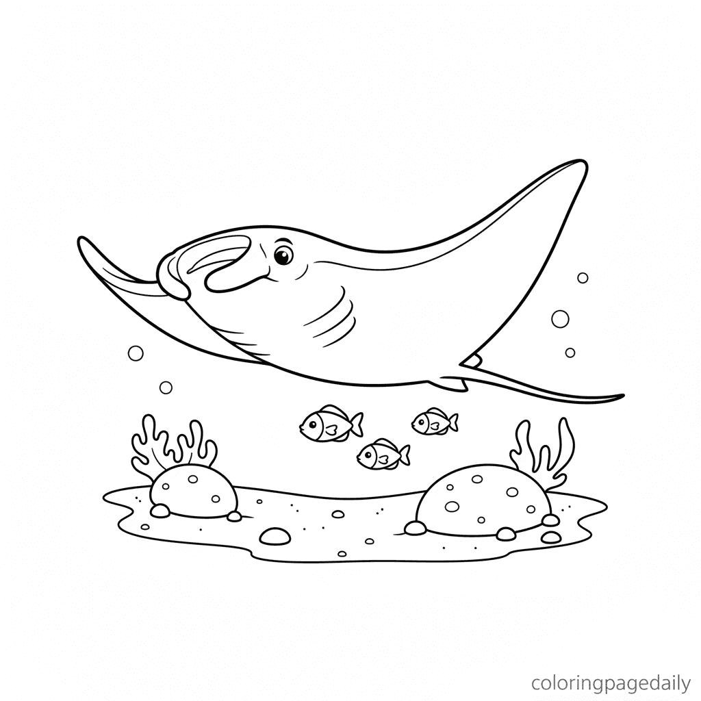Manta Ray Gliding Through Water - Daily printable coloring page in Kids - Ocean and Underwater Life category